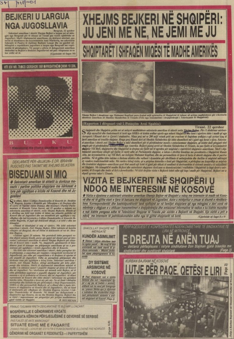 Gazeta e vetme shqipe në Kosovë, “Bujku” e 23 qershorit 1991: Xhejms Bejkeri në Shqipëri, “Ju jeni me ne, ne jemi me ju, Shqiptarët i shfaqën miqësi të madhe Amerikës”