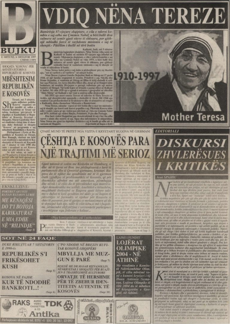 Nëna Tereze – shpirt shqiponje, kryetitull i shtypit në Kosovë para çerek shekulli