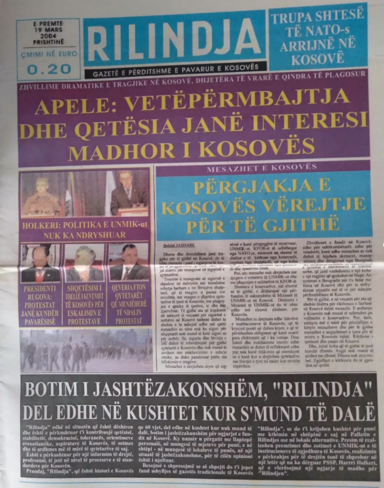 Gazeta historike Rilindja, 19 Mars 2004: Përgjakja e Kosovës, vërejtje për të gjithë