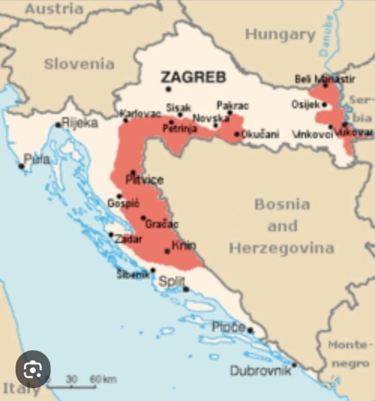 Harta e Kroacisë, me të kuqe Srpska Krajina apo Krajina Serbe